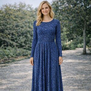 Bolden Blue Abstract Print Fit & Flare Midi Dress Long Sleeve Size US 4R Classic